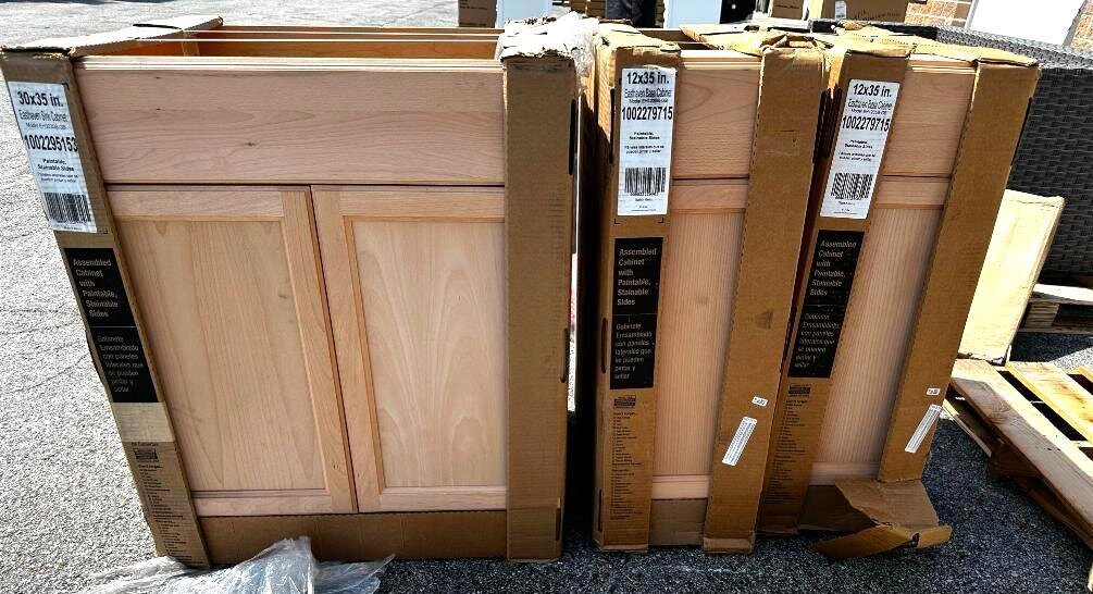 3 New Cabinets; Easthaven, Base Cabinets 12in x 35in, 30in x 35in, Assembled, Paintable