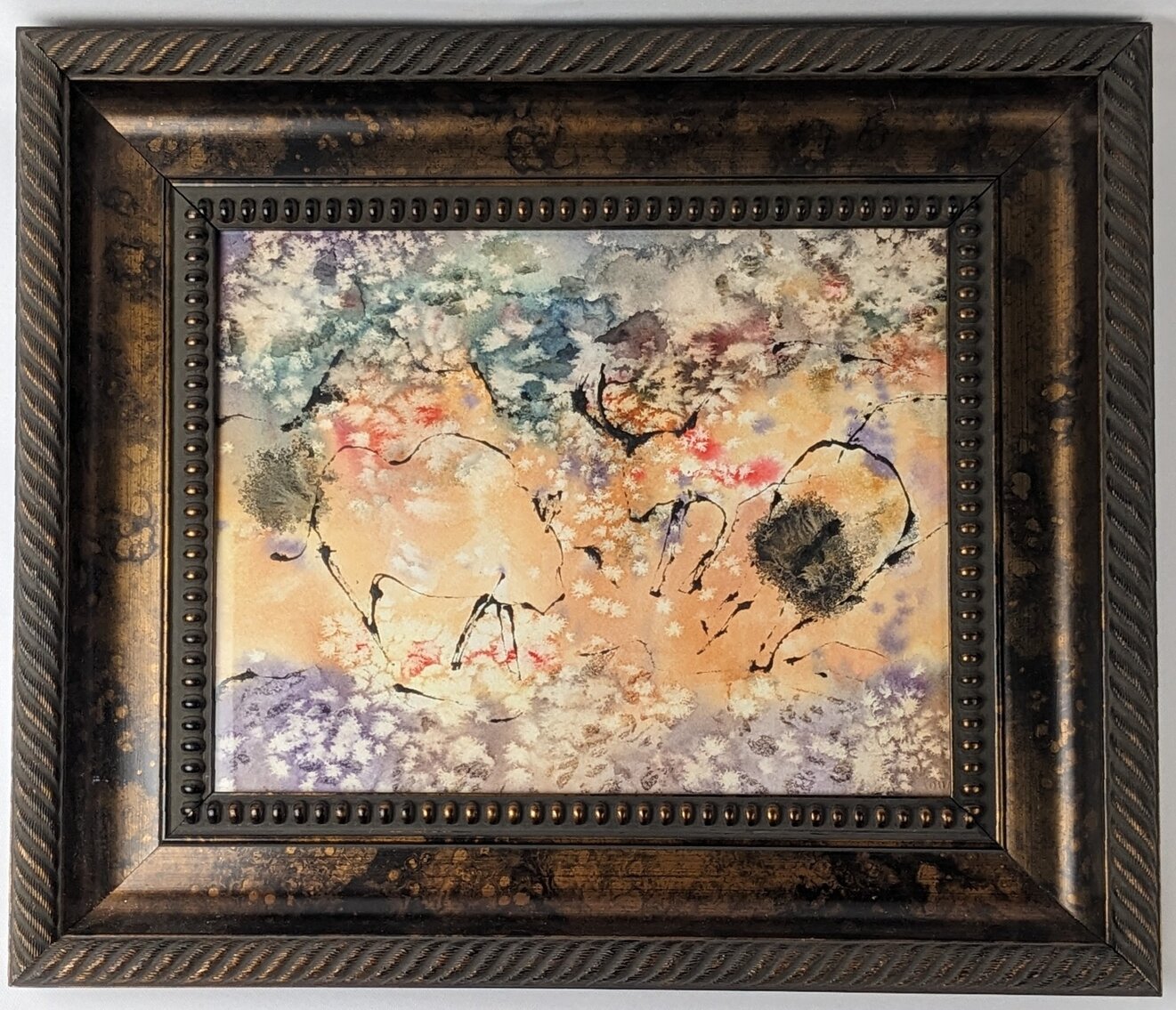 Signed Watercolor of Recreated Cave Paintings, Framed