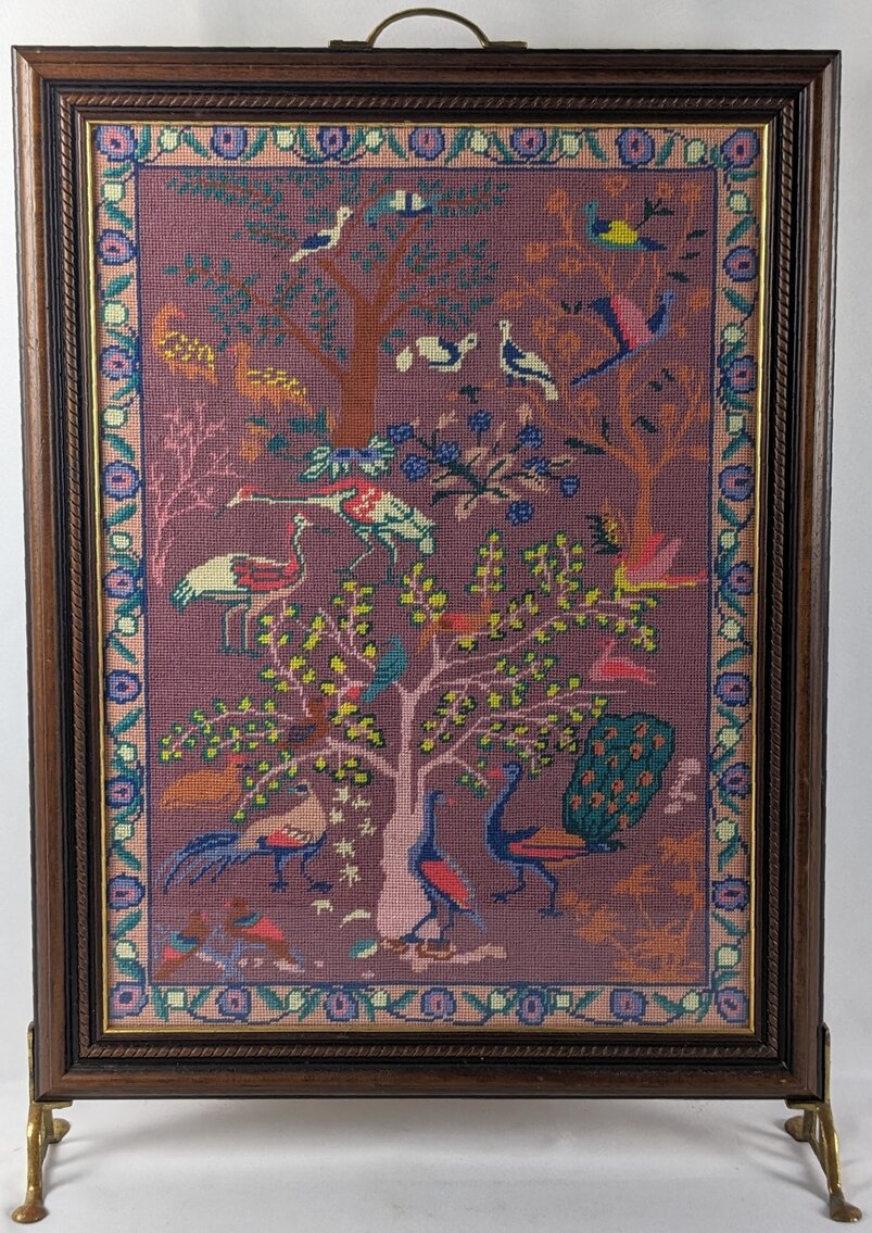 Vintage Birds Needlepoint Tapestry Fire Screen - Standing Frame