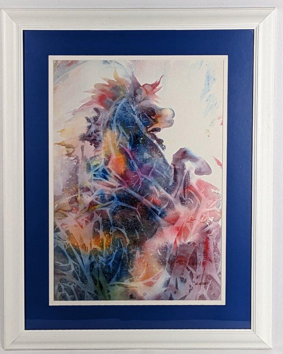 Marian Alstad Signed Rearing Horse Watercolor, Framed