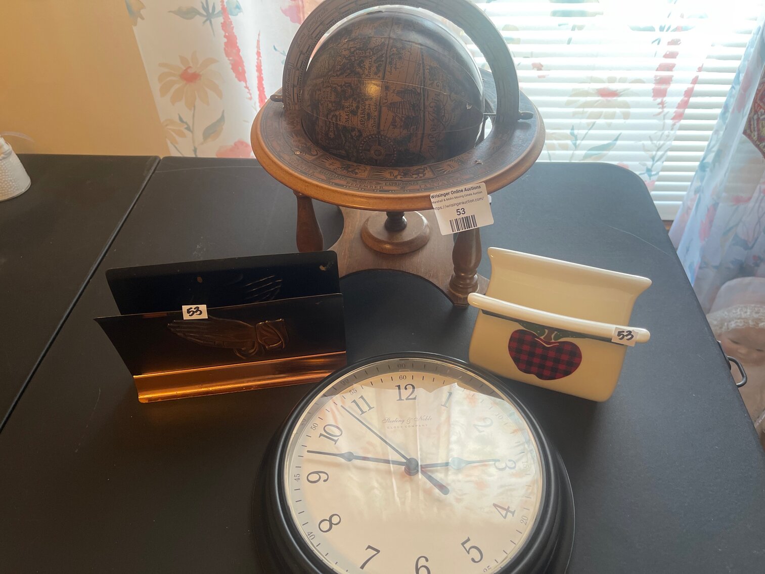 Desk globe, clock, mail holders