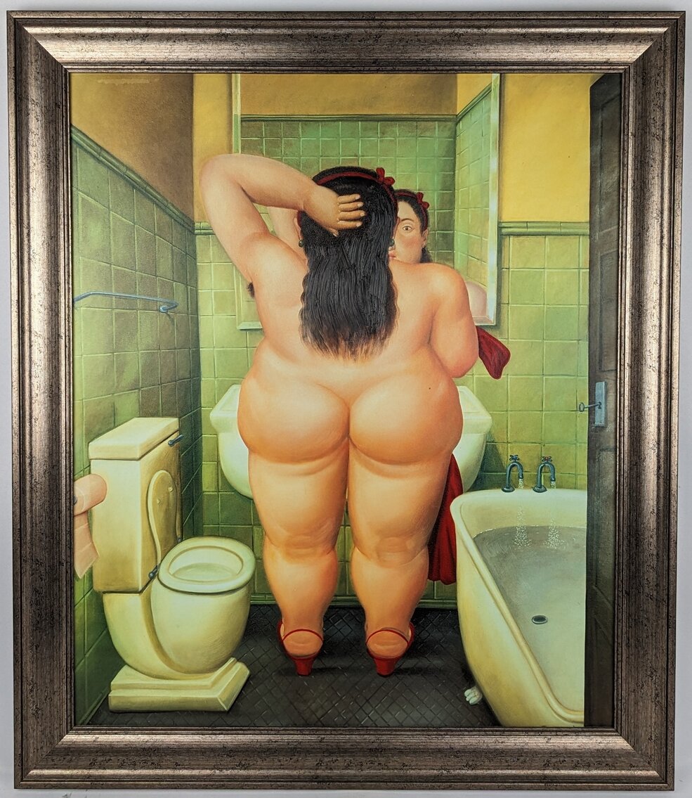 Fernando Botero: "The Bath" Embellished Canvas Print in Frame