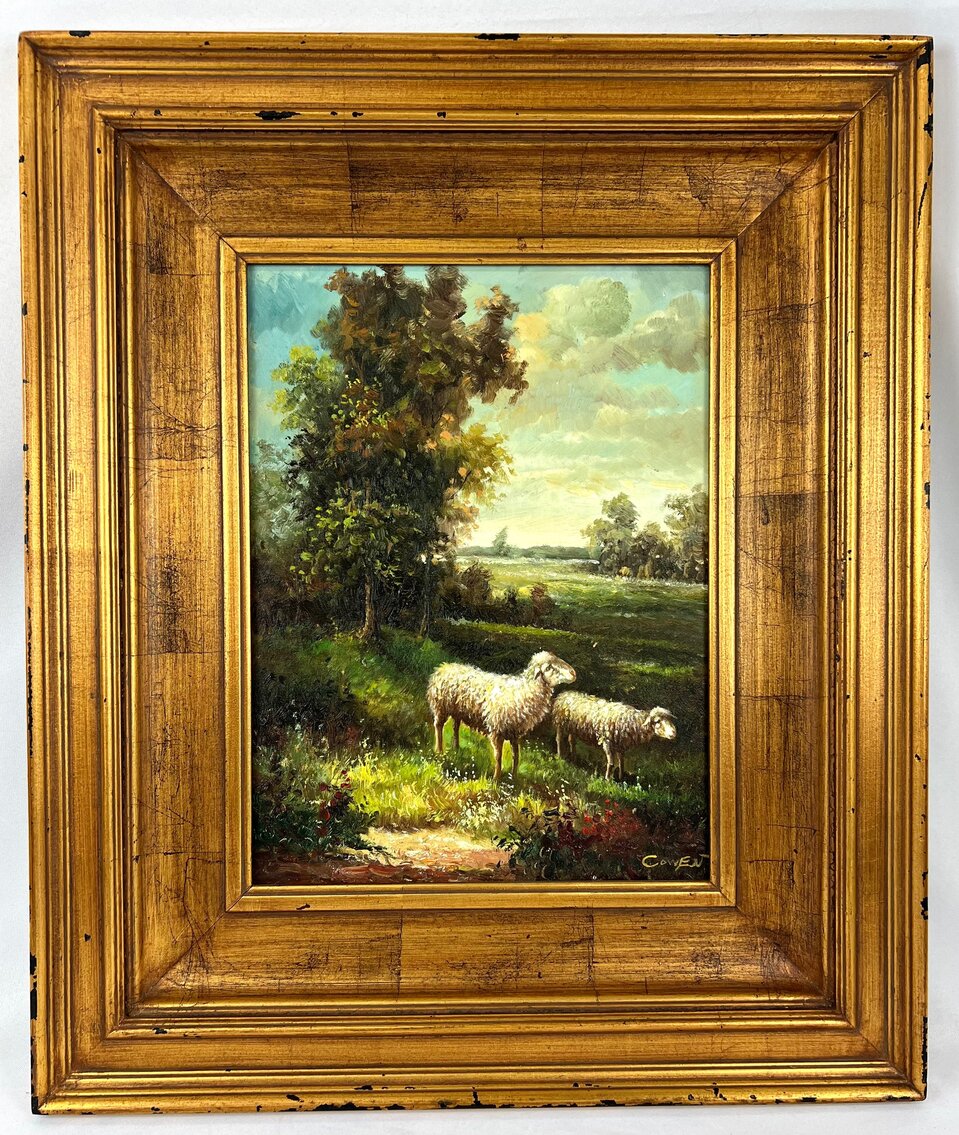 Framed Signed Oil Painting of Sheep Grazing