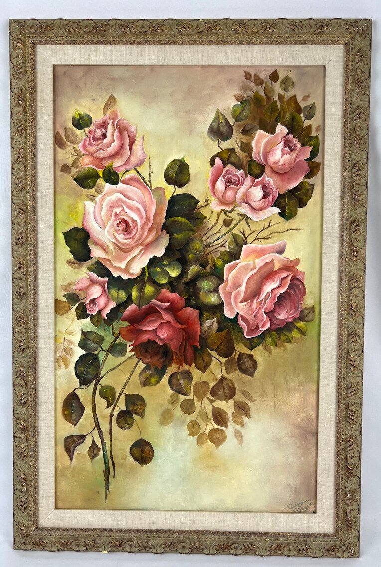 Roses Still Life - Mid-Century Framed Signed Oil on Canvas 