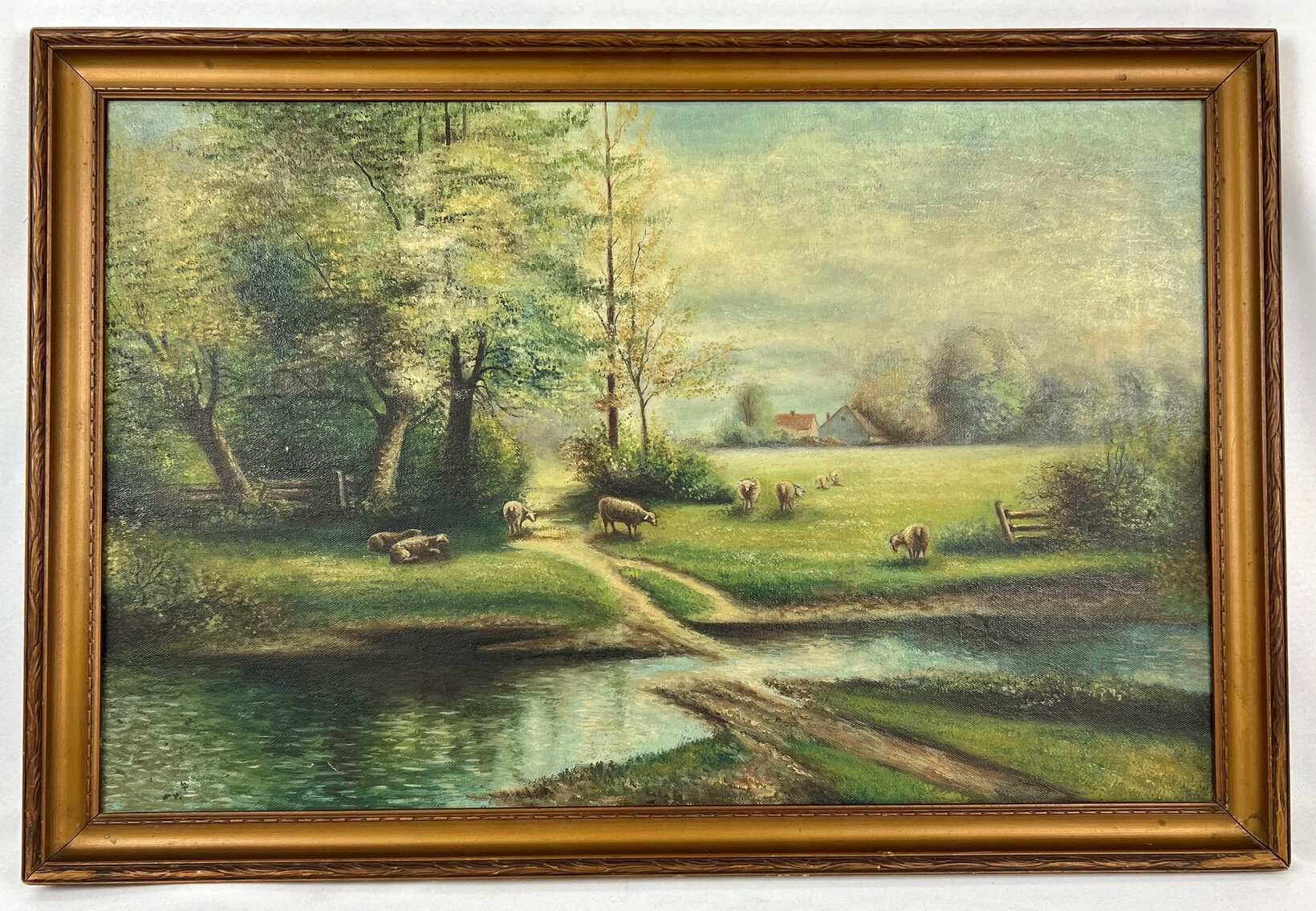 Vintage Framed Pastoral Oil on Canvas - Sheep Grazing
