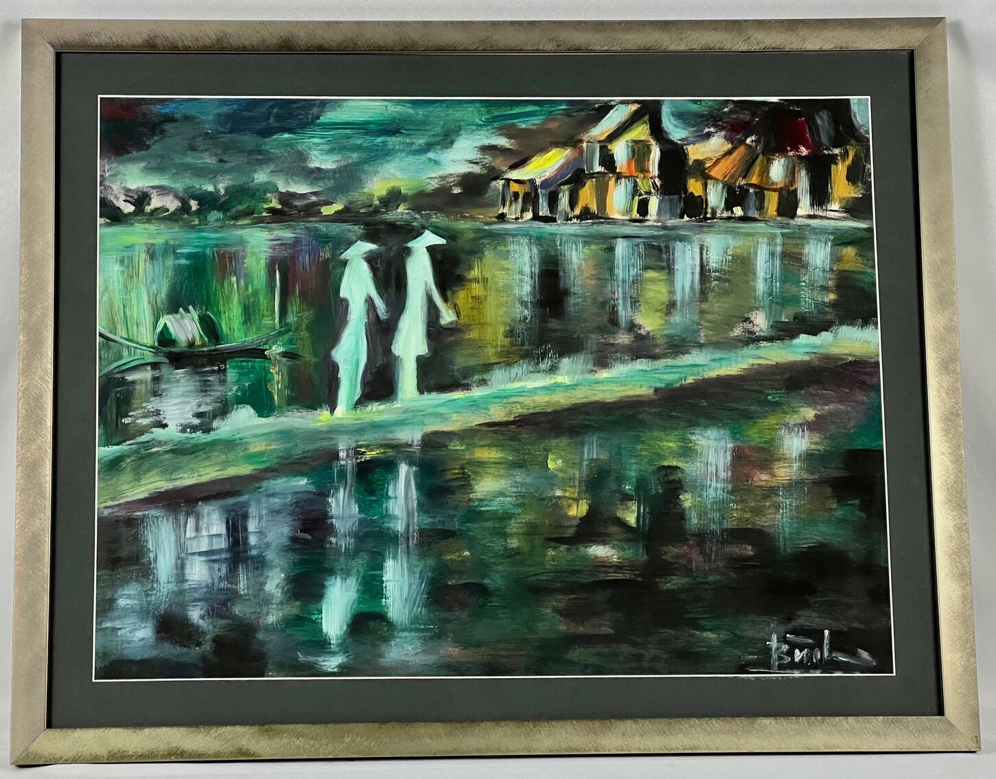 Signed Framed Original Hand-Painted Asian Seaside Village Landscape