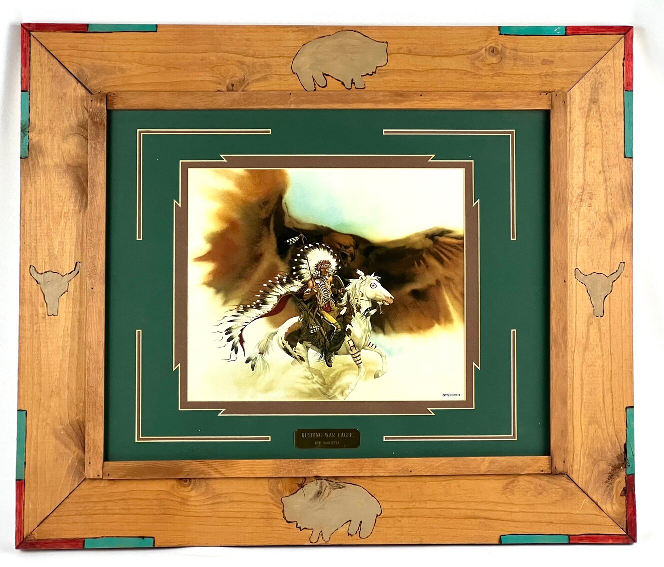 Bev Doolittle: "Rushing War Eagle" Print in Unique Western-Theme Folk Art Wood Frame