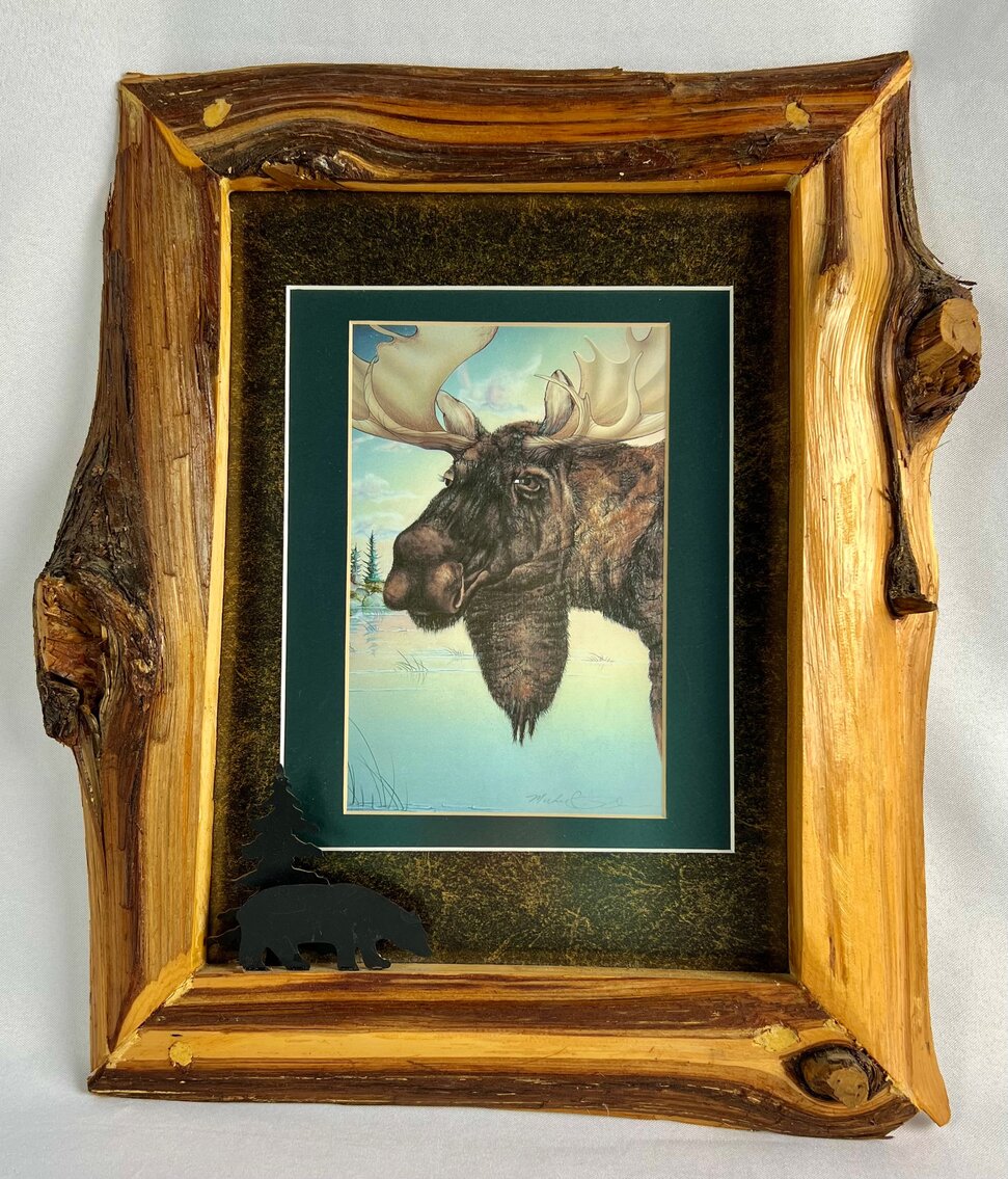 Signed Moose Print in Rustic, Cabin-Friendly Wood Frame