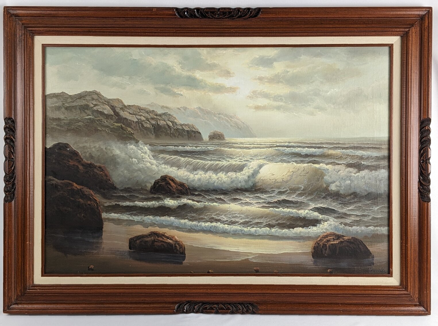 Towoella: Signed Seascape Oil Painting on Vintage Frame