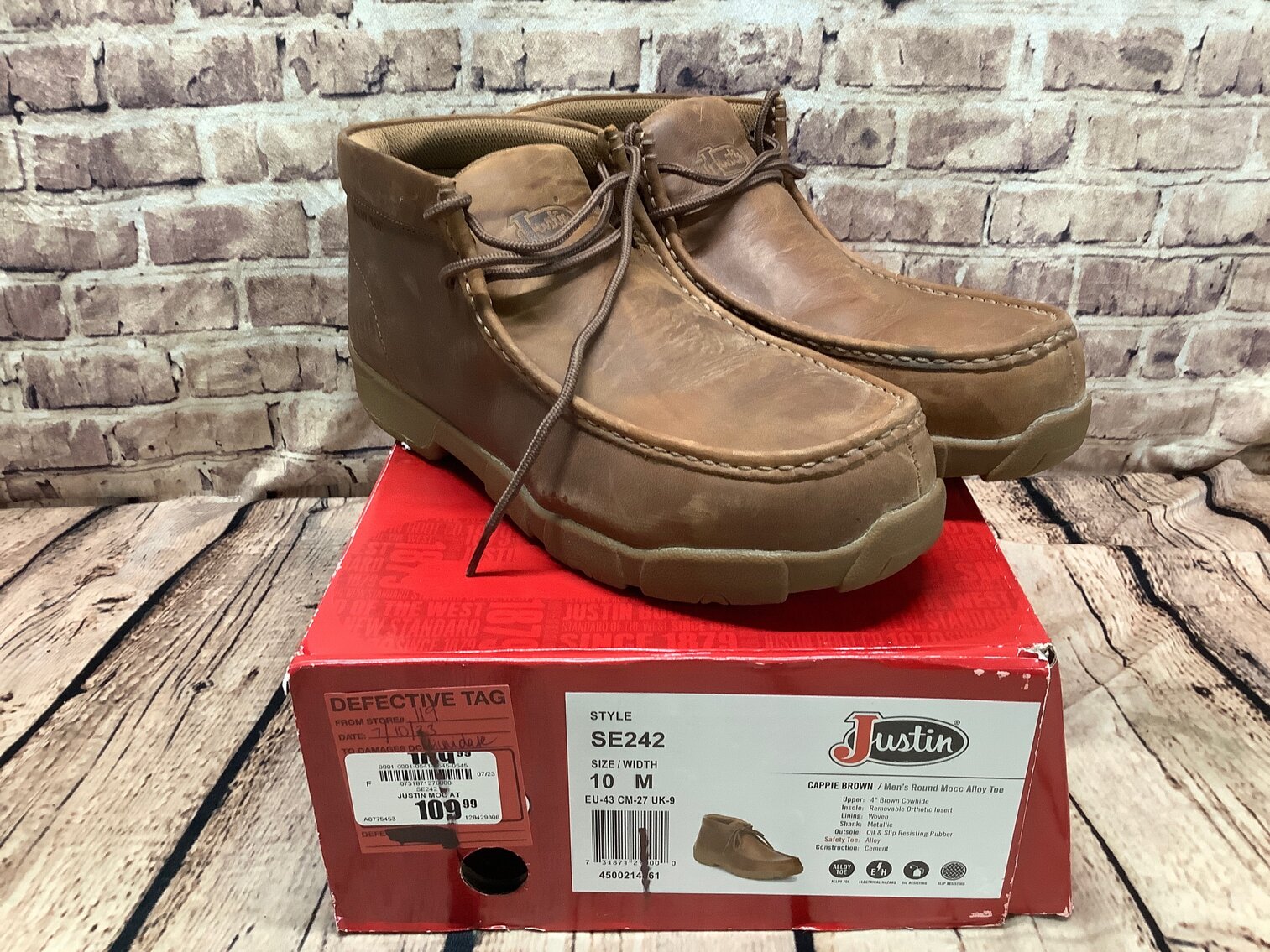 Mens 10 Justin Cappie Brown Mens Round Moc Alloy Toe 