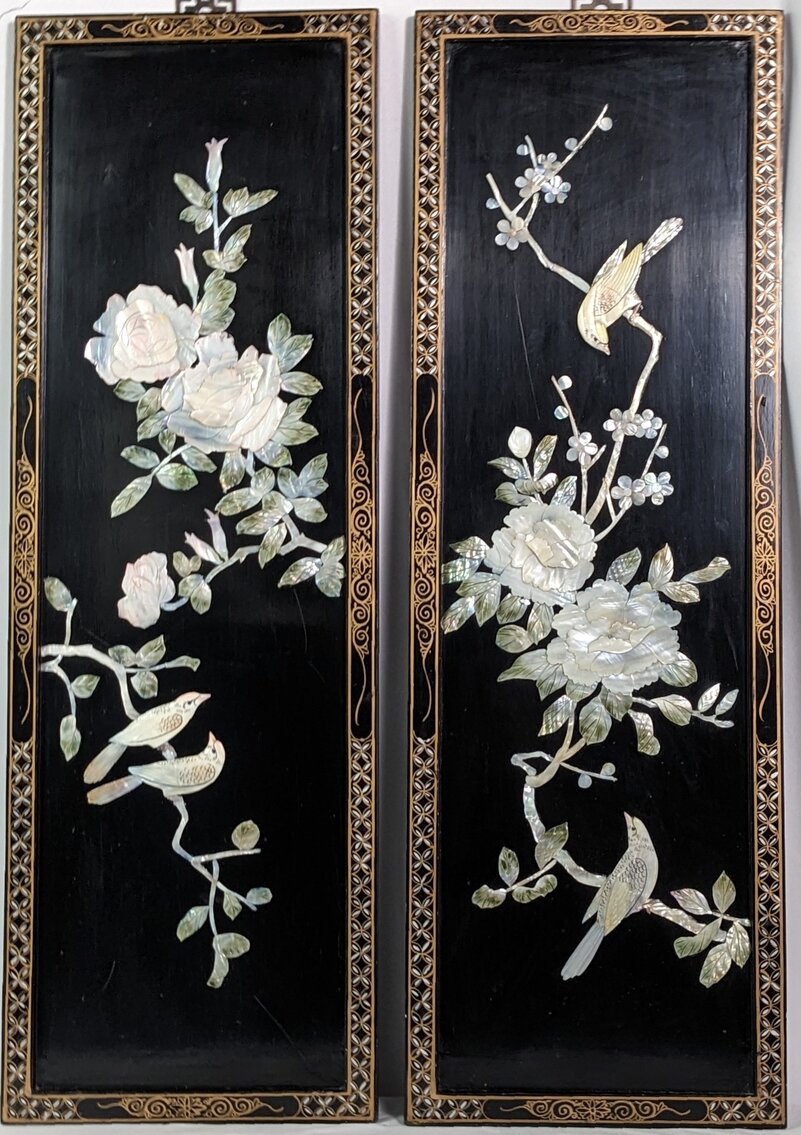 Pair Japanese Birds and Flowers Abalone on Lacquer Wall Hangings