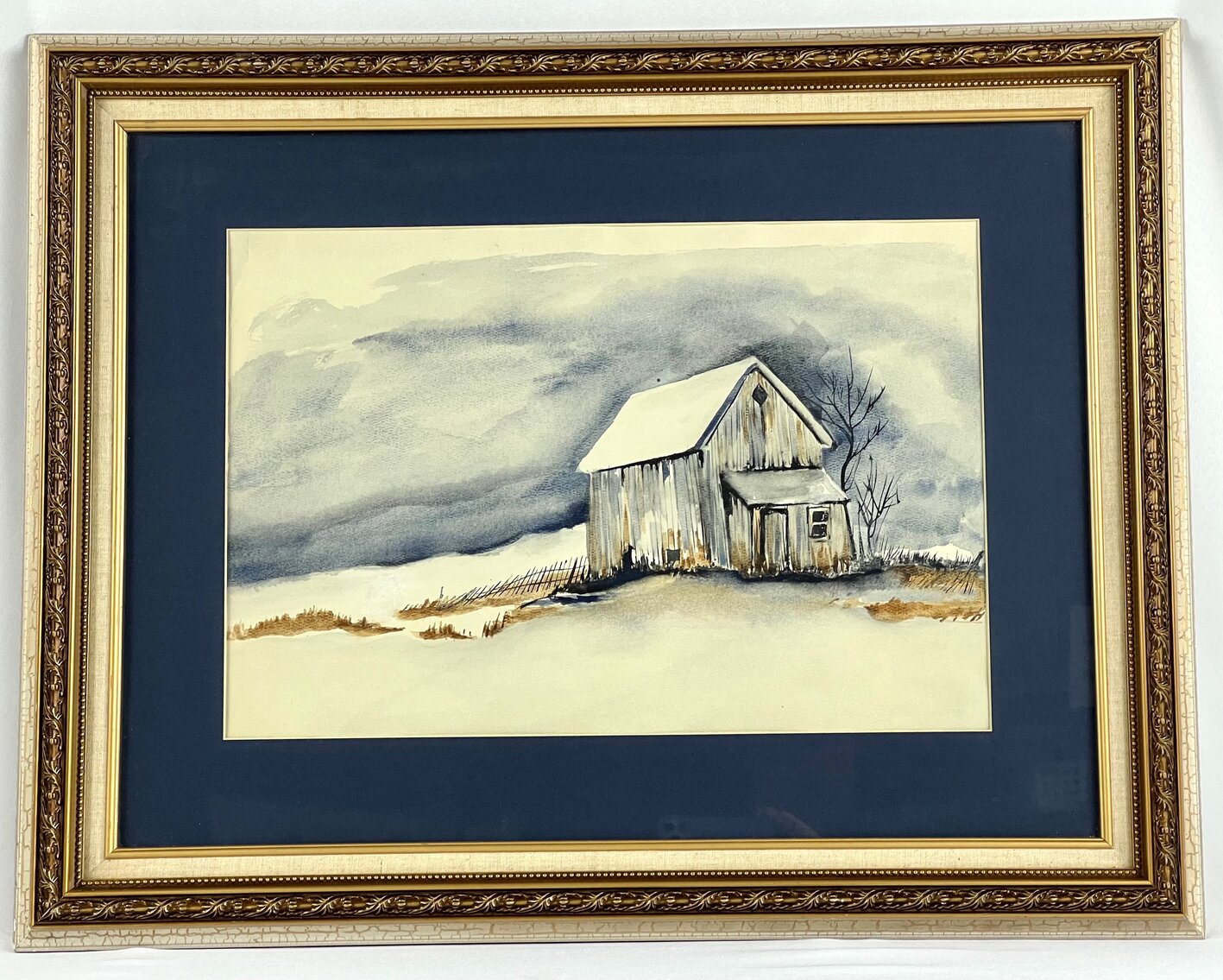 Framed Watercolor - Barn With Winter Skies - Unsigned, 28" x 22"
