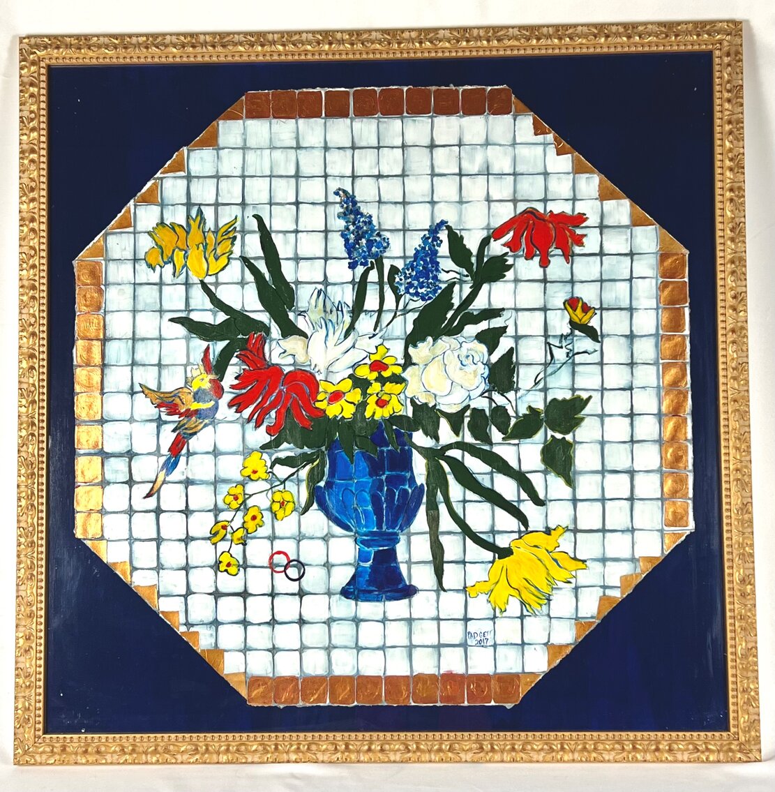 Deborah Padgett: Large Signed Framed Mixed Media Still Life - Floral Bouquet w/Bird on Faux Tile Background 