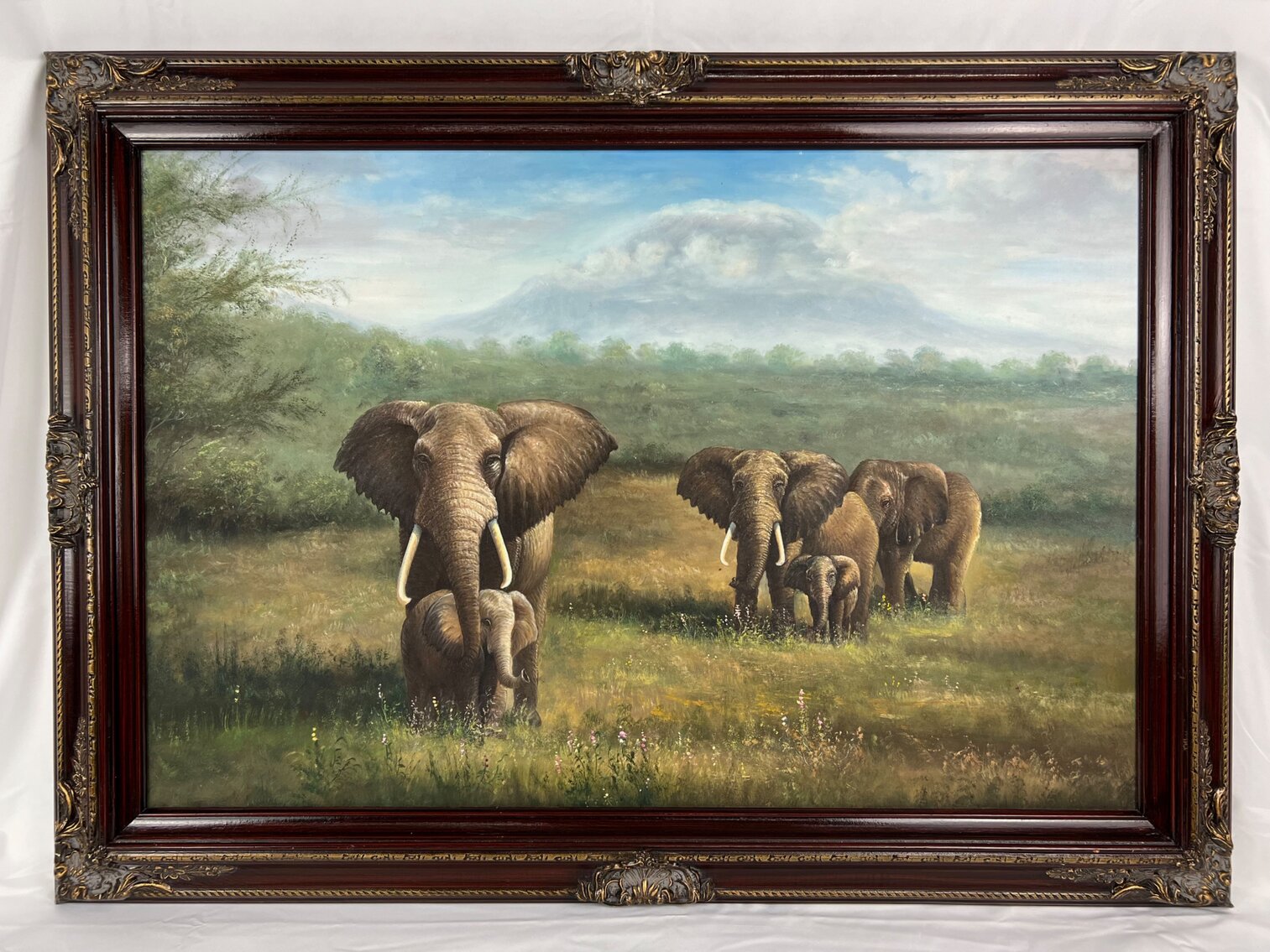 Unsigned Landscape Painting with Elephants - Framed