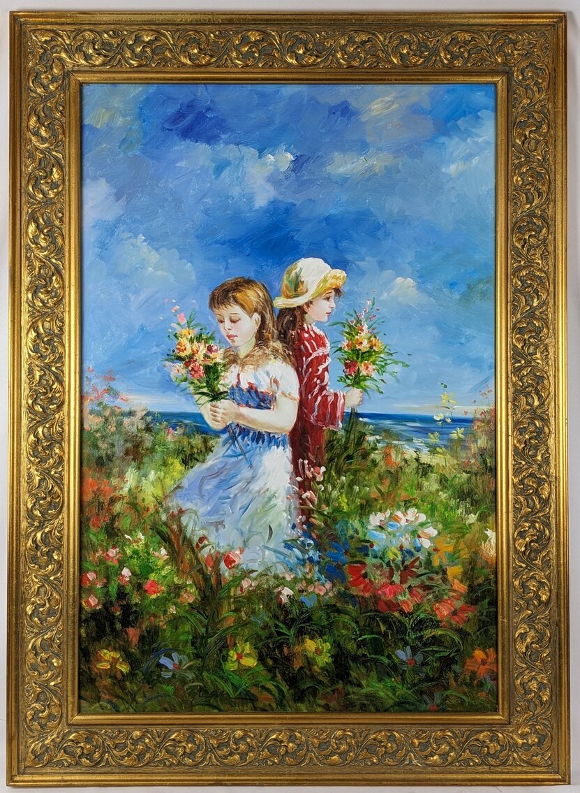 Large Signed Girls with Wildflowers Oil Painting, Framed