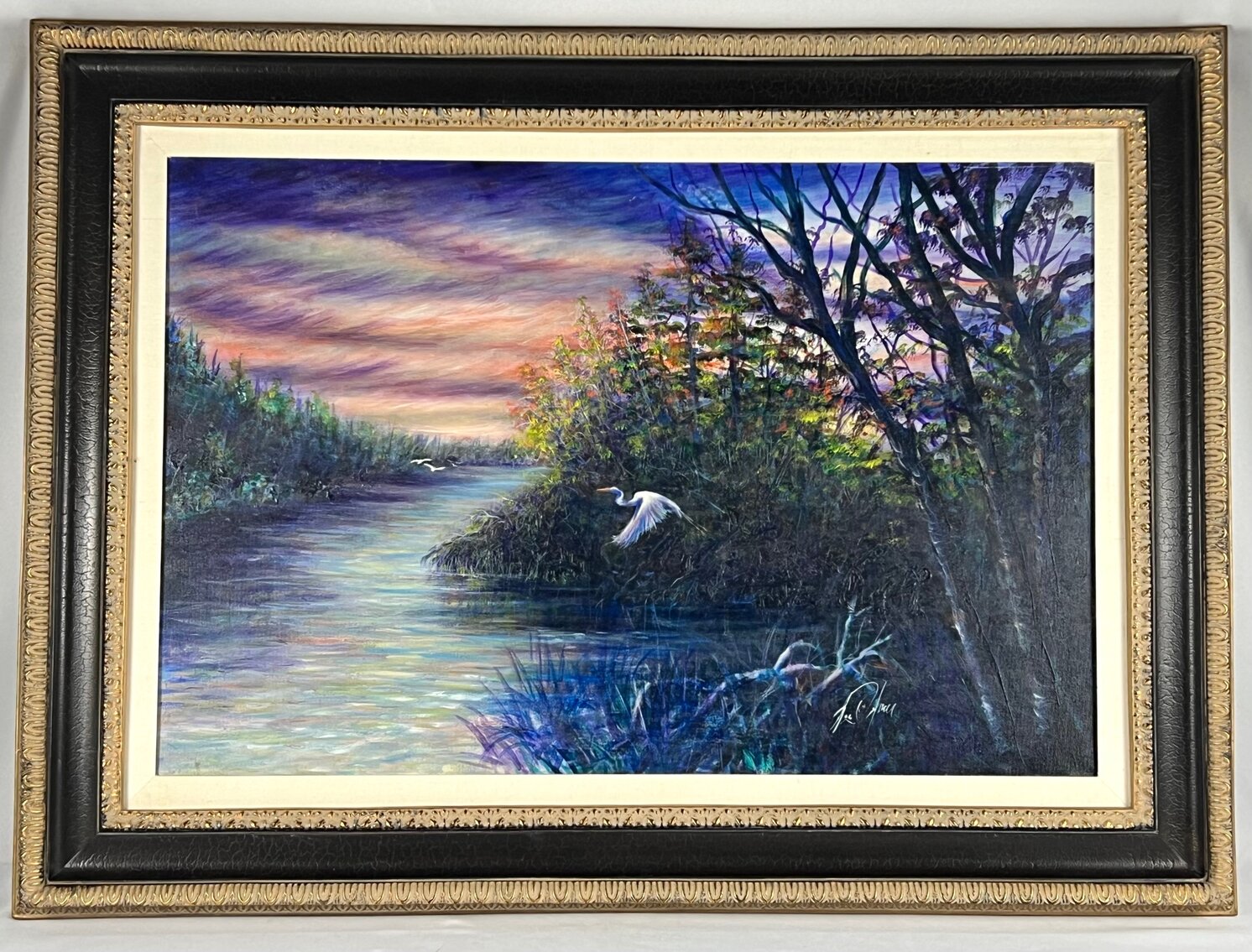 Large Signed Framed Oil on Canvas Landscape - Herons at Sunset