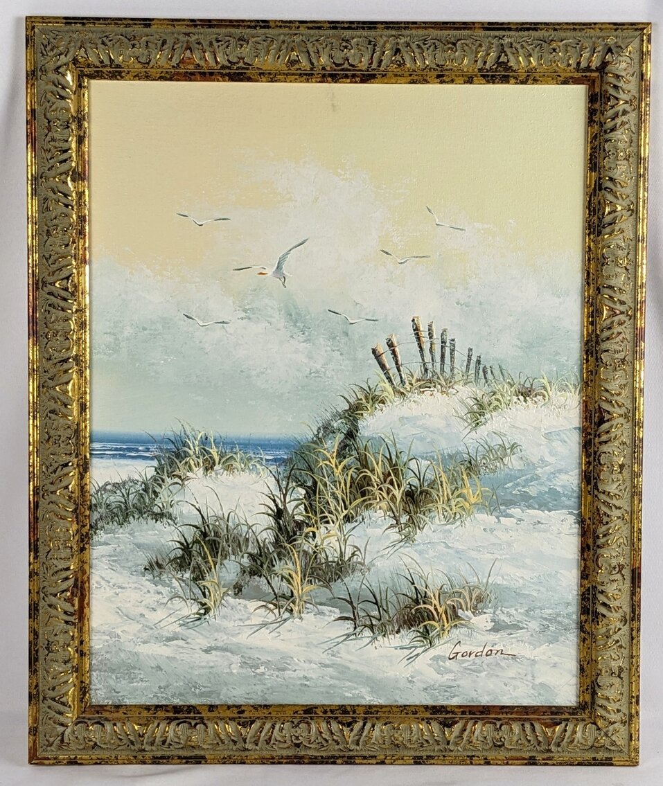 Gordon: Signed Seascape with Gulls Oil on Canvas, Framed