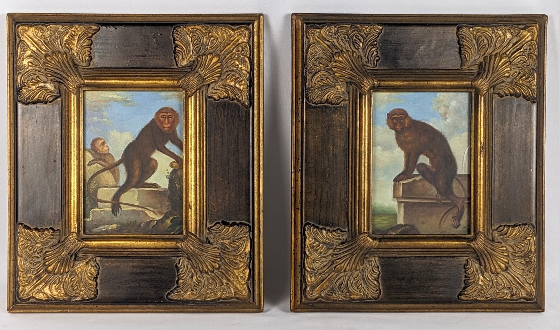 Pair Framed Temple Monkey Oil Paintings