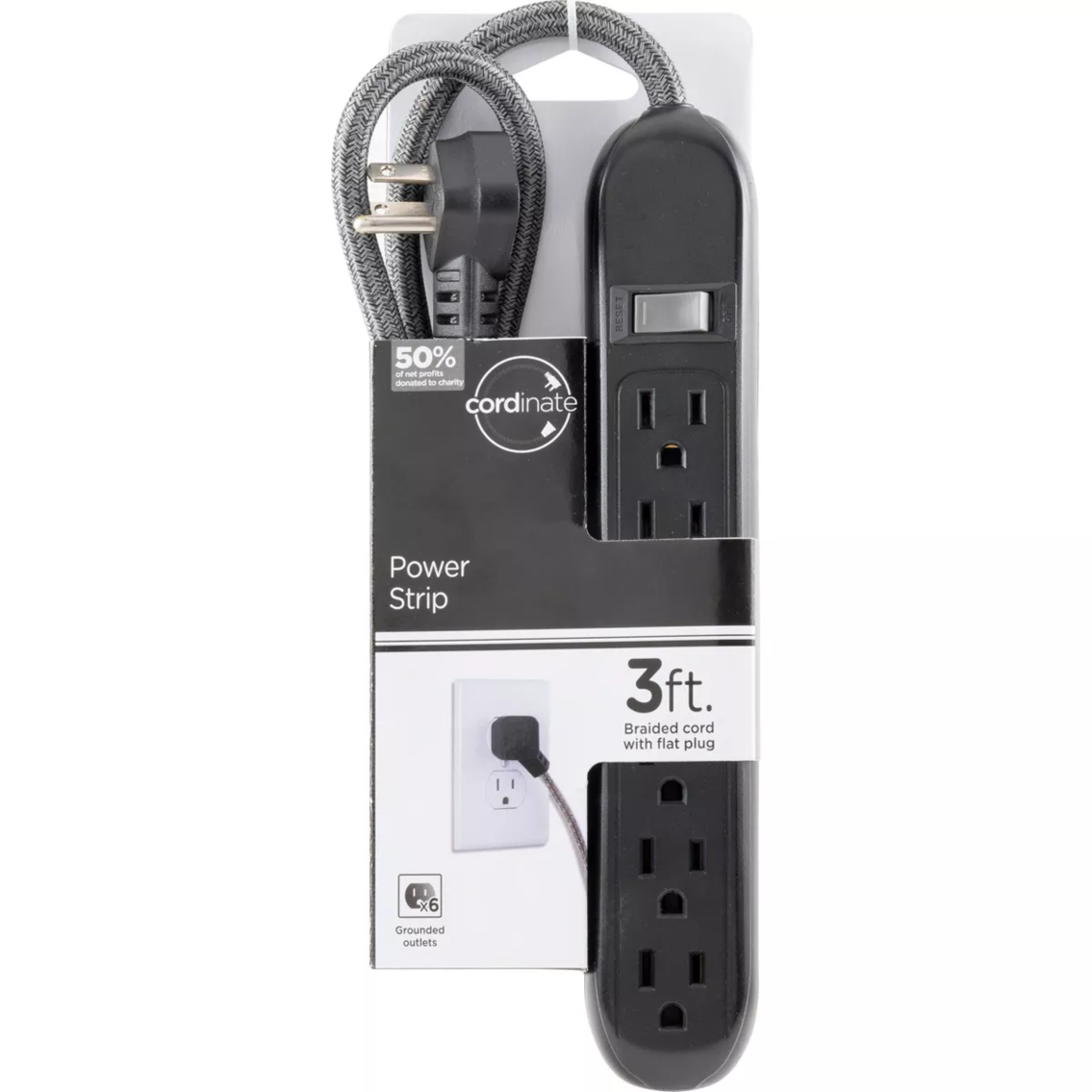 Set of 2- Cordinate 6 Outlet Grounded Power Strip with 3' Braided Cord Black/Gray 