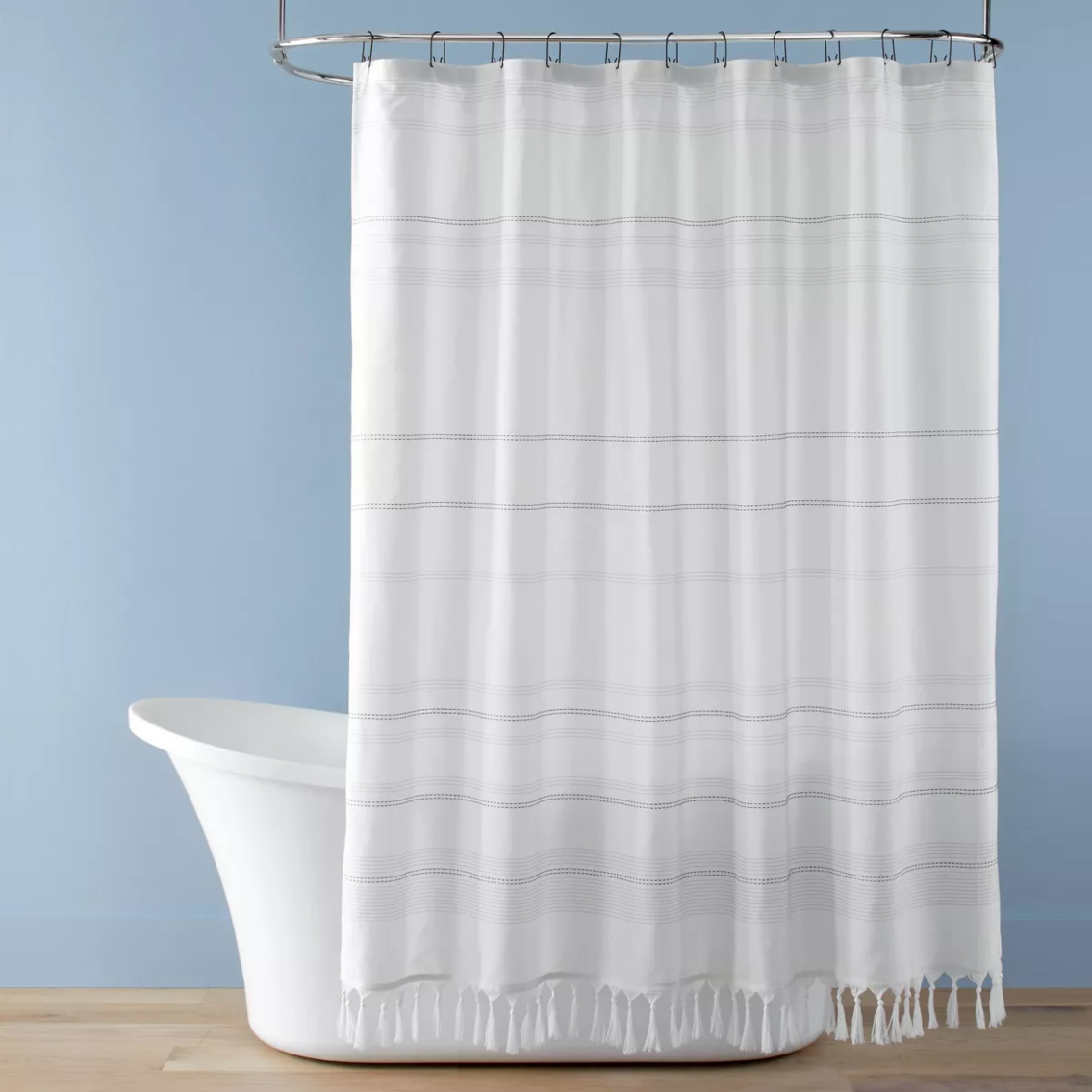 Woven Stripe Tassel Shower Curtain White/Dark Gray - Hearth & Hand™ with Magnolia