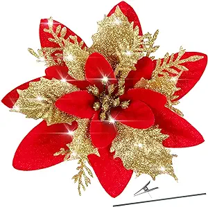 Labeol Set of 3- 15PCS Glitter Poinsettia Christmas Flowers Decorations with Clips and Stems Artificial Poinsettia Flowers Christmas Decorations Xmas Tree Ornaments