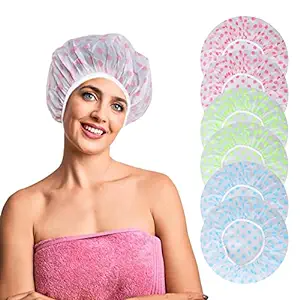 Set of 5- 6 Pcs Shower Cap for Women Reusable Waterproof Bath Caps Plastic Hair Caps Elastic Band Bath Hair Hat Large Shower Cap for Long Hair Women Ladies Spa Salon Bathing Accessories