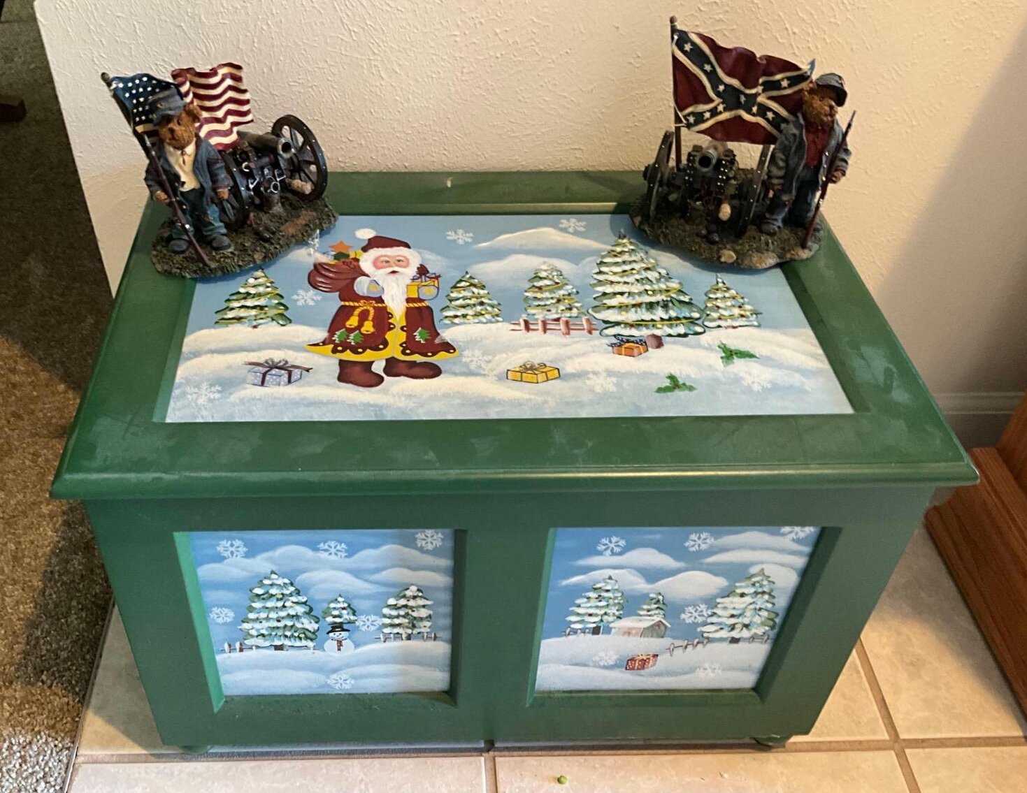 Hallway- Wood Decorative Christmas Box and (2) Boyd’s Bears Figurines