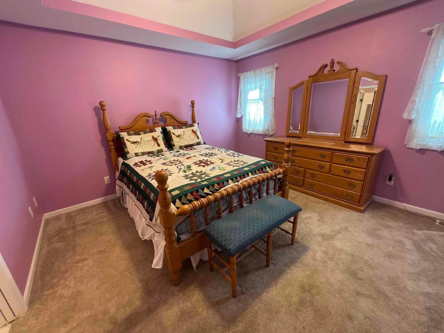 Master Bedroom (MBR)- Oak Bed, Dresser with Mirror, and Upholstered Bench