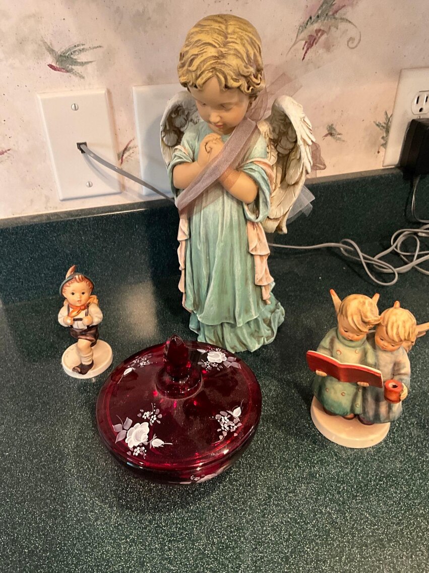 K- Angel, (2) Goebel Figurines, and Ruby Covered Candy Dish
