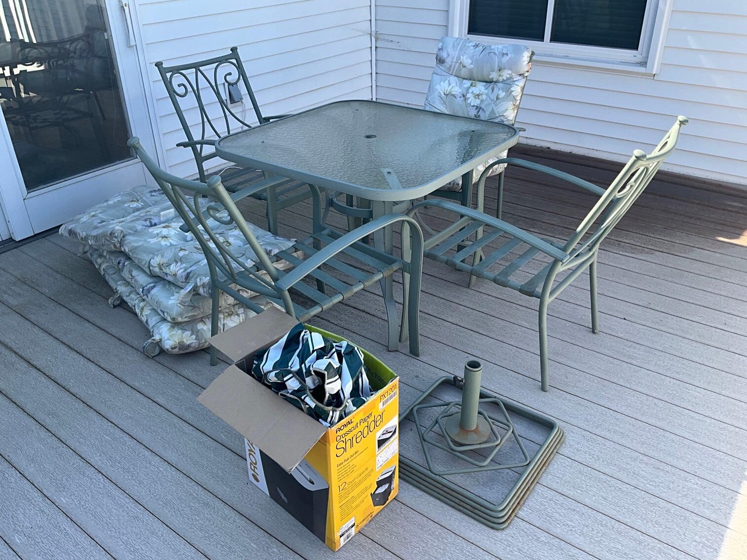 Outside- Patio Table With (4) Chairs/Cushions and Plastic Covers, and Umbrella Stand