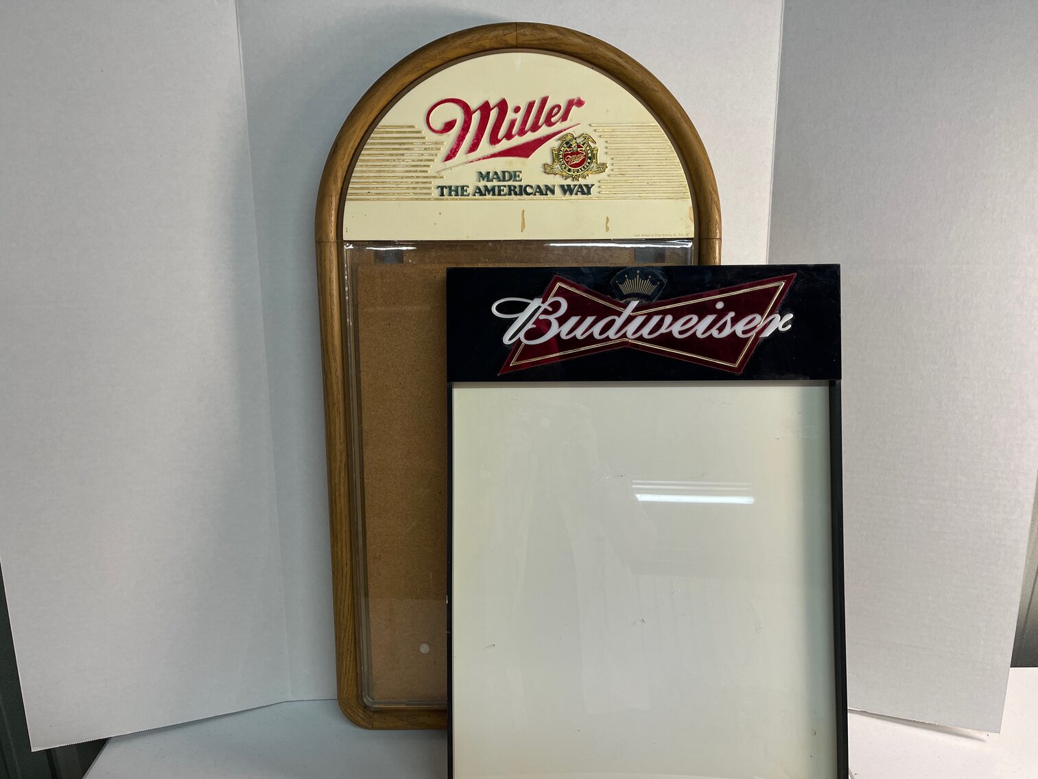 Framed Budweiser and Miller Showcase Boxes