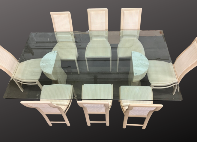 1980's Postmodern Travertine Pedestal Glass Top Dining Table w/ 8 Lacquered Chairs