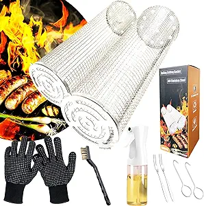 2 Boxes of Rolling Grill Baskets for Outdoor Grilling,304 Stainless Steel BBQ Grill Basket Round with Grill Accessories,Portable Grill Basket Cylinder for Veggies,Fish,Shrimp,Meat(Large and Medium)
