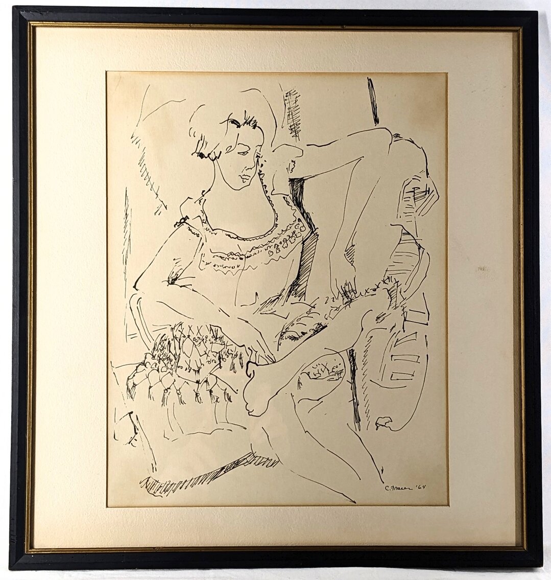 Carol Hoorn Fraser: Signed 1964 Seated Woman Ink Drawing, Framed