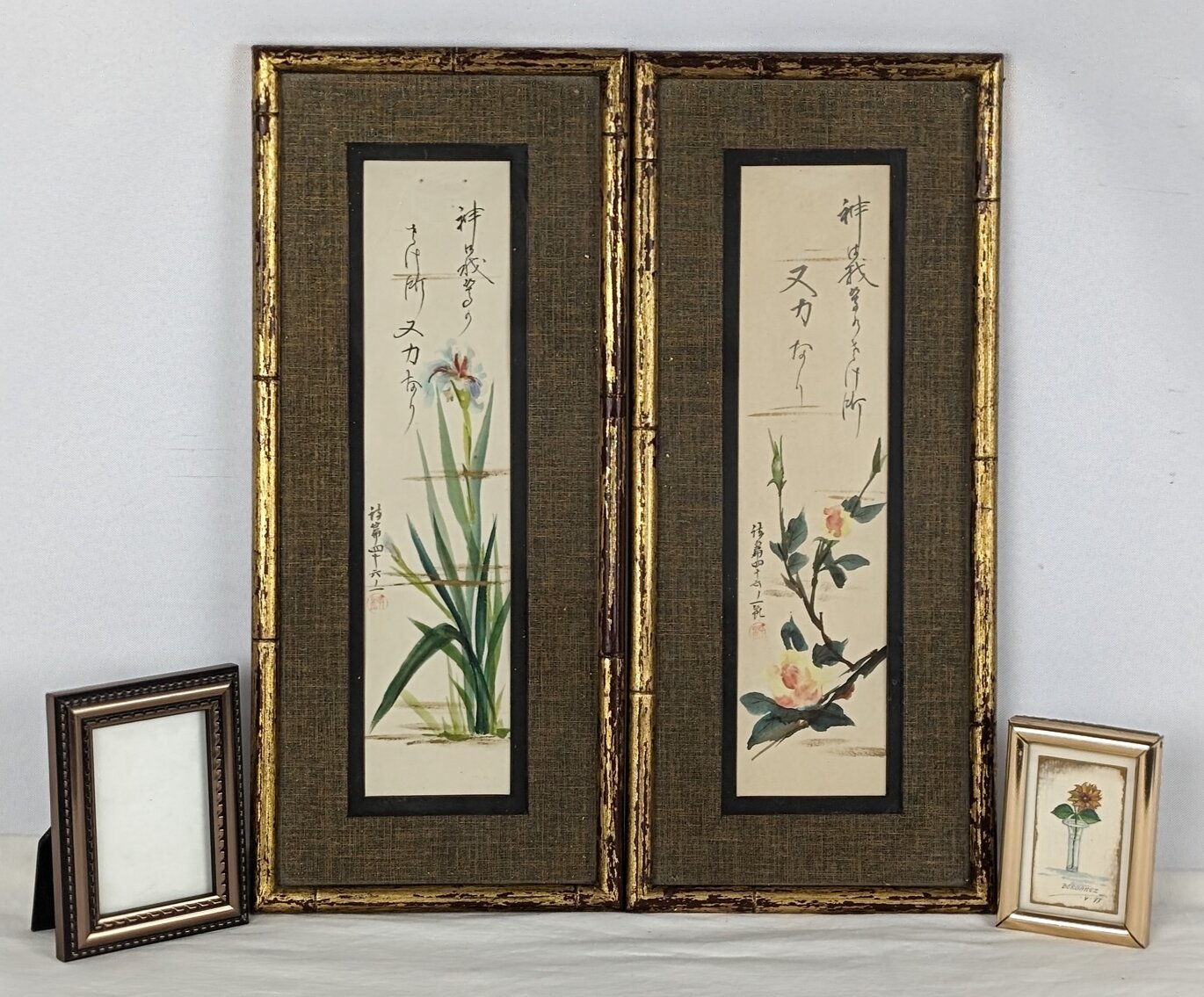 Two Framed Japanese Watercolors and Berbanez Signed Flower Painting