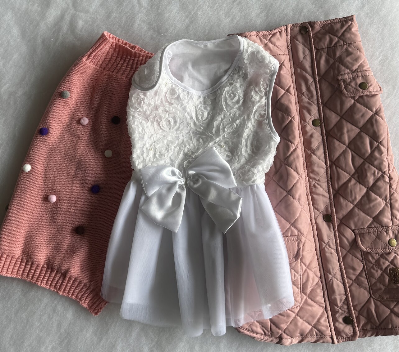 Doggie Fashionista Set: White Formal Dress, Pink Parka & Pink Sweater (Medium)