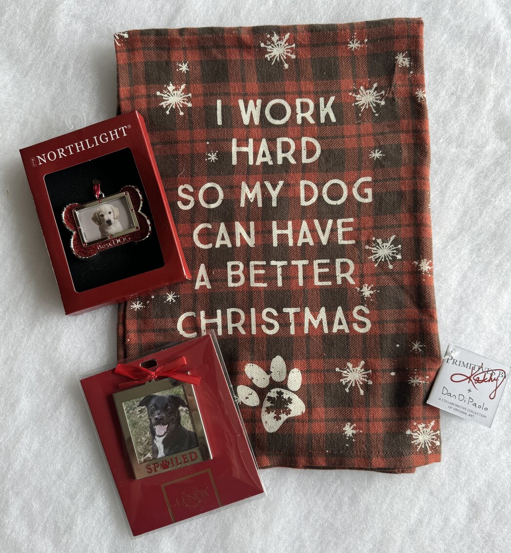Spoiled Pet Collection: 3" Red & Silver Plated and Lenox Ornament with "Primitives By Kathy" Towel
