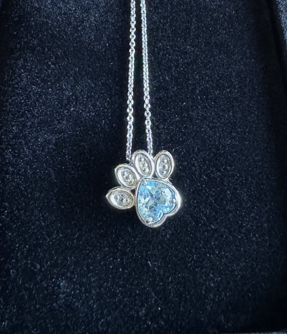 Sterling Silver Pawprint Necklace w/ Blue and White Topaz