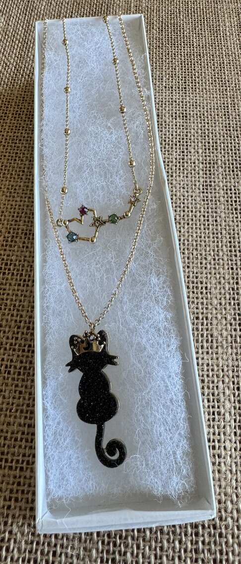 Betsey Johnson 18" Black Cat and Rhinestone Double Necklace
