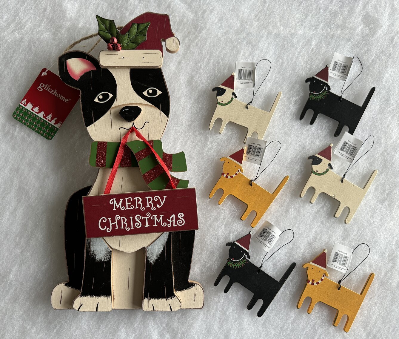 Wooden "Merry Christmas" Dog Figurine with 6 Kathy's Primitives Doggie Ornaments