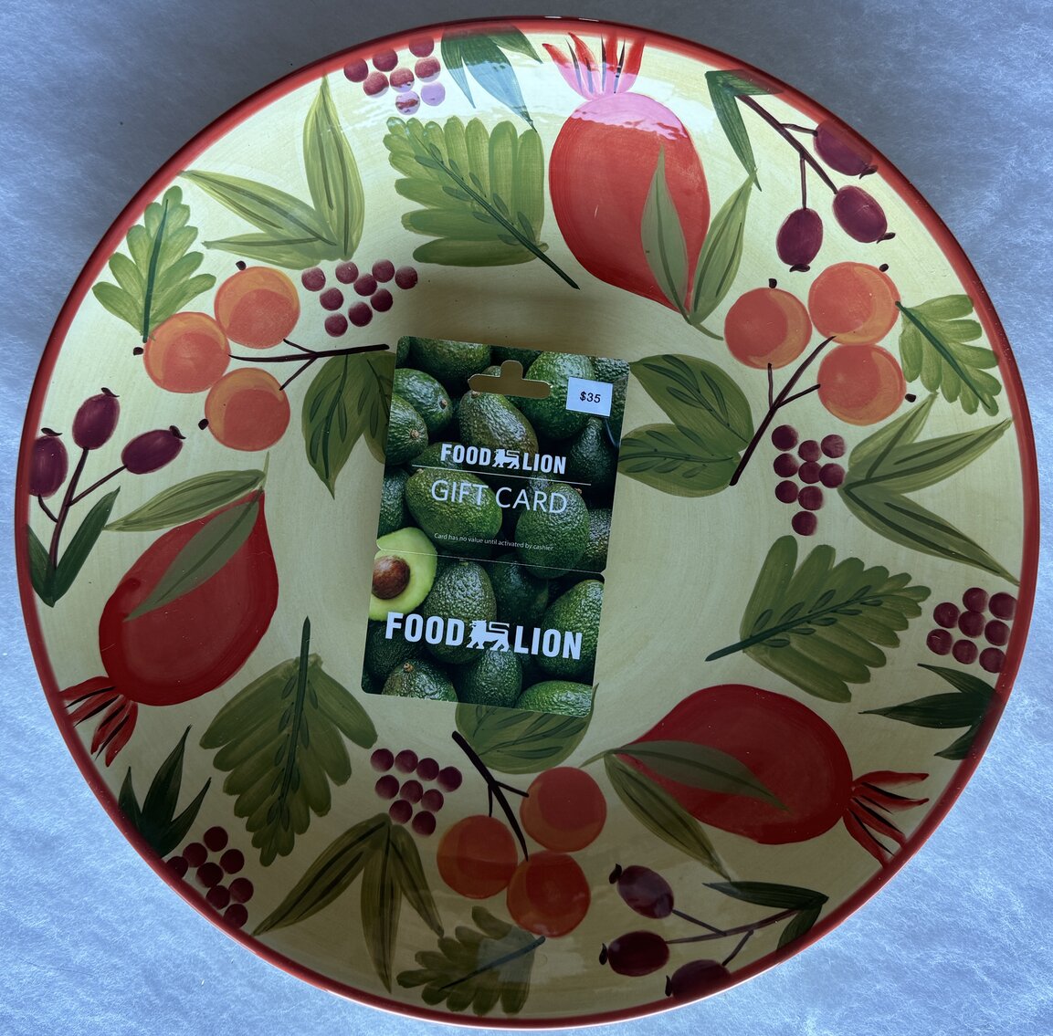 Crate and Barrel 14"  Large Yellow Ceramic Bowl w/ Fruit Design. With $35 Food Lion Gift card