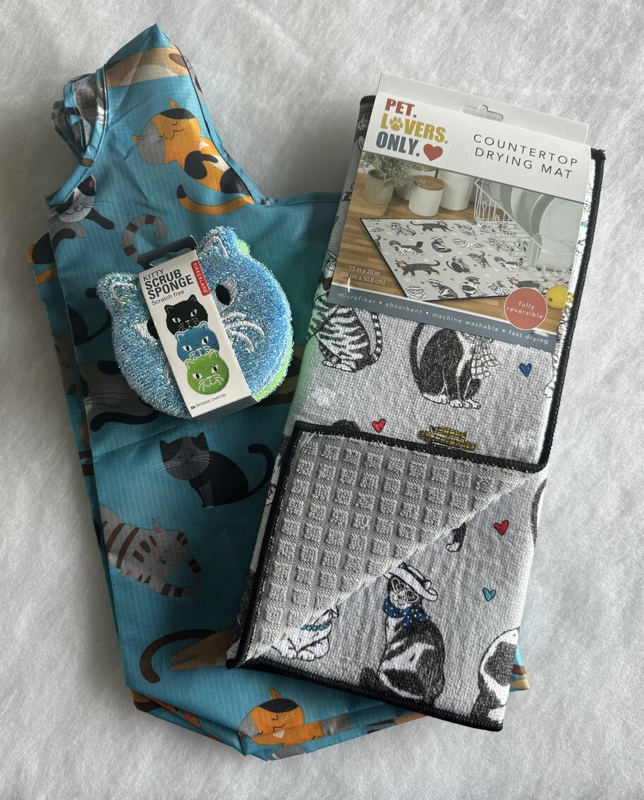 Kitty Kitchen Essentials: Countertop Drying Mat, Sponges and Shopping Bag in Cat Patterns