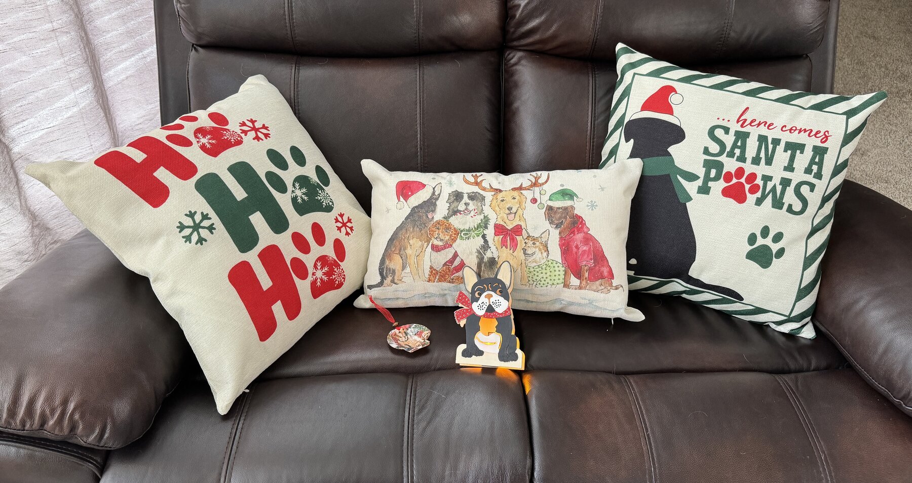 Christmas Doggie 3 Pillow Set with Doggie Shelf Sitter and Ornament