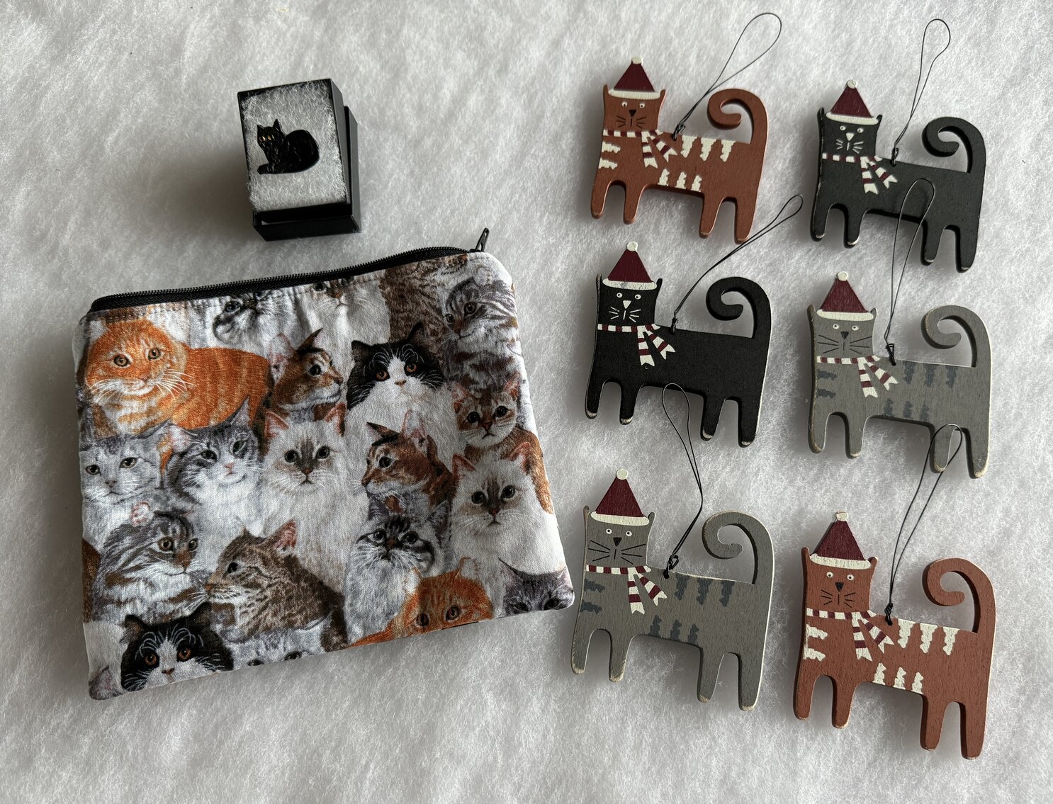 Cat Lover Set w/ Black Cat Pin, Wooden Cat Ornaments and  Cat Bag