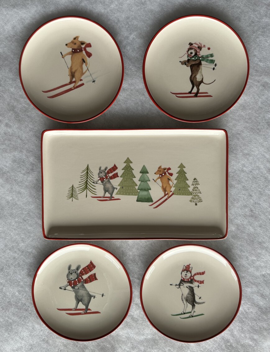 Furry Christmas Dogs Appetizer Set: Serving Tray with Plates
