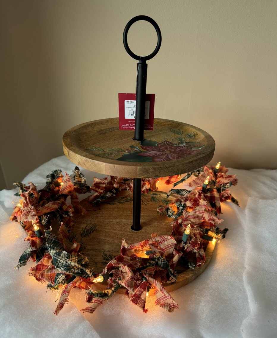 Rustic 2 Tier Server with Painted Poinsettias and 5' Crafted Clear Mini Light String