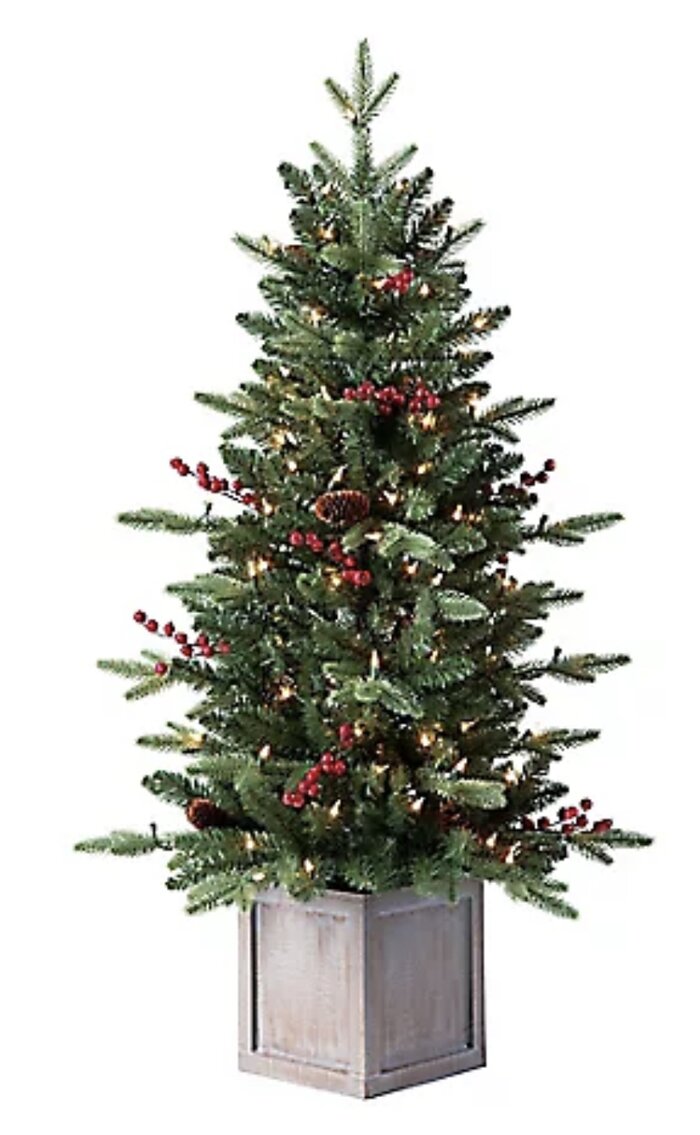 4" Pre-Lit Potted Pine in plastic aged silver pot