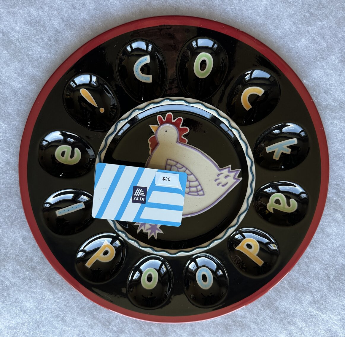 Cock-a-doodle Doo Deviled Egg Platter Plate by Becky Denny. Offered with $20 Aldi Gift Card