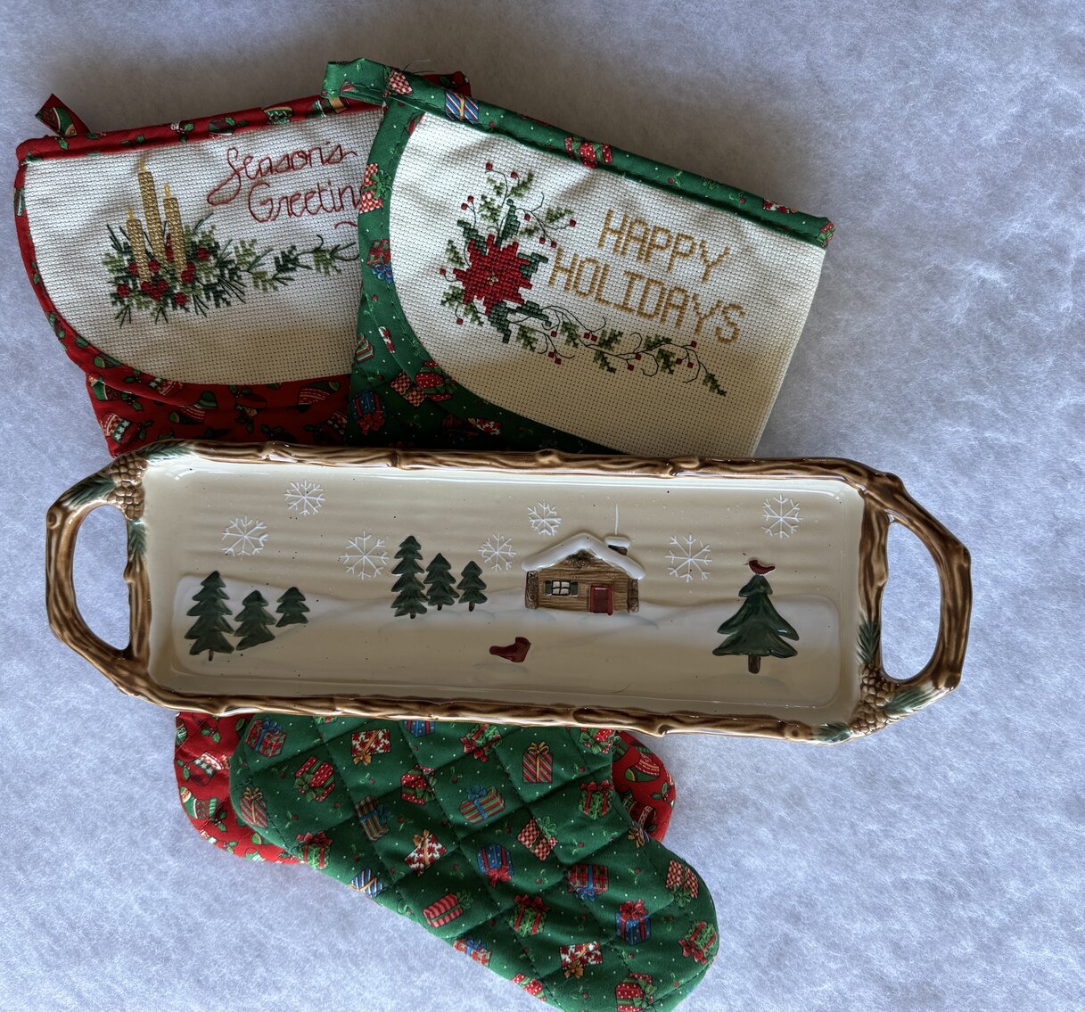 St. Nicholas Square Ceramic Rustic Serving Tray and 2 Cross-stitch and Quilted Fabric  Stockings
