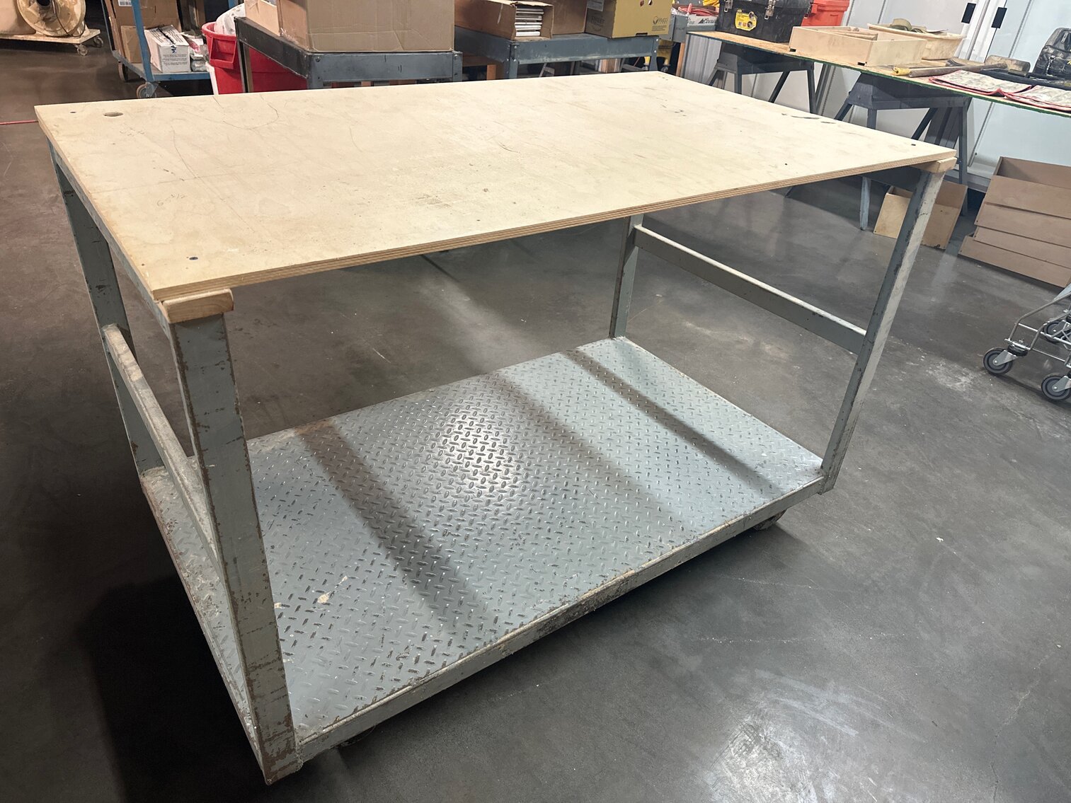 Metal rolling cart with wood top bench